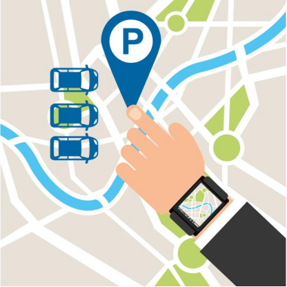 Hand pointing at a parking location on a map, with parked cars illustrated.