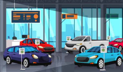 Illustration of a parking lot with various cars and parking signs inside a building.