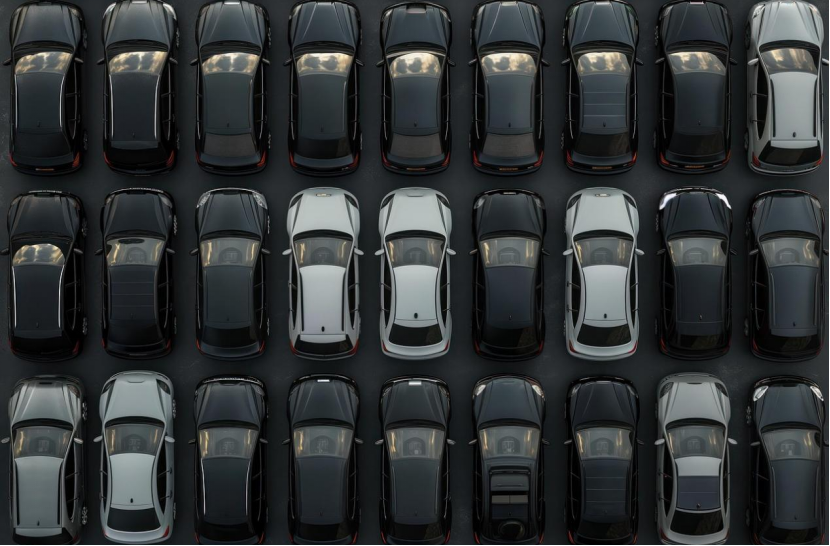 Aerial view of a parking lot filled with rows of parked cars in various colors.