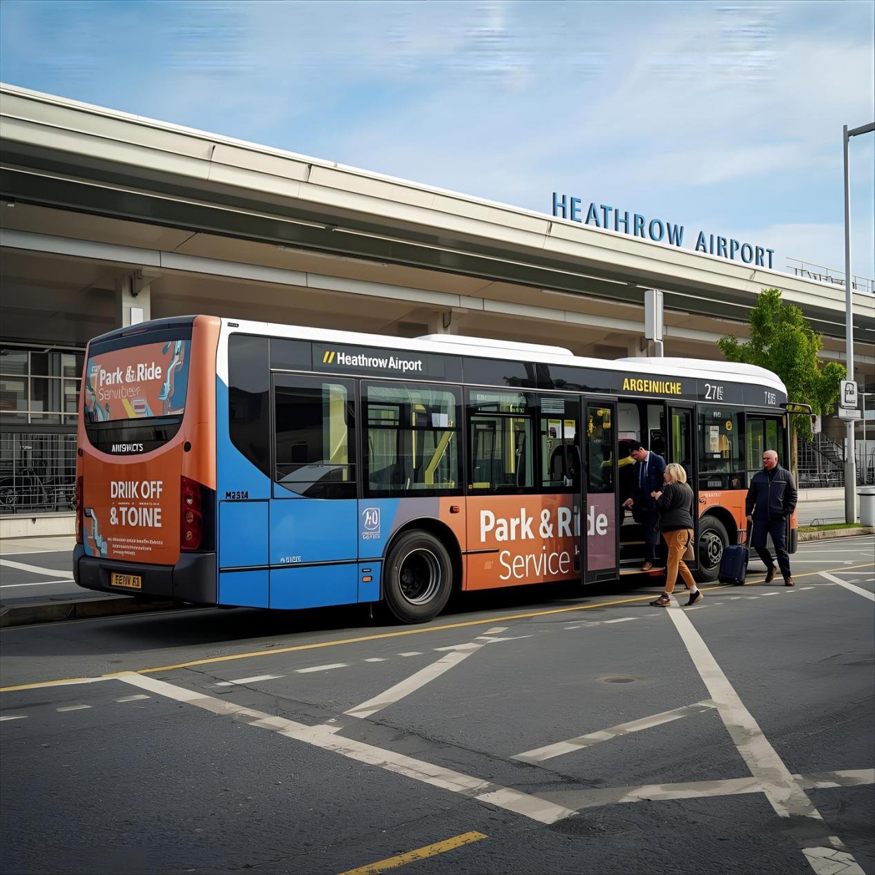 Solo travellers getting on shuttle bus at Heathrow Airport
