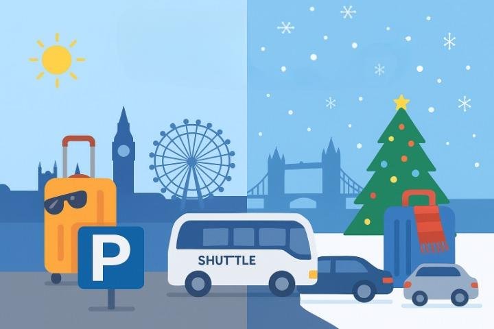 A transition illustration of airport parking in summer and winter.